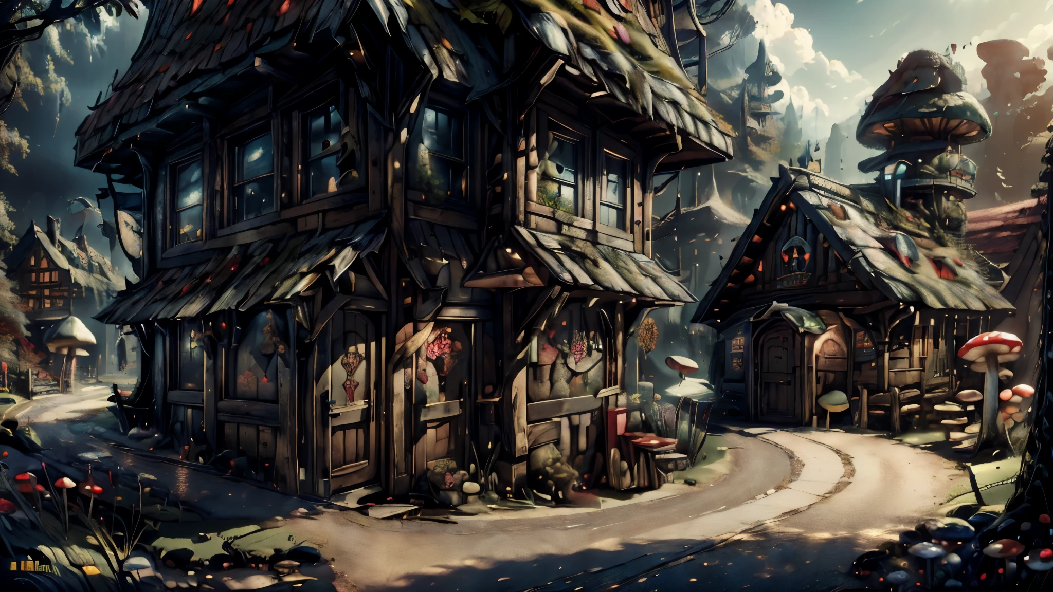 Masterpiece, best quality, 8k, panoramic view, Leprechaun village shopping center, Shoe stores, weapons store, a tavern and the large utility store, Lush vegetation and mushrooms make up the scene, fairytale atmosphere, harmony of nature, ethereal magic, breathtaking beauty, mysterious wonder