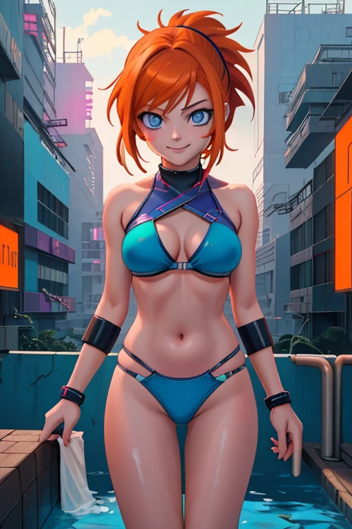 hd masterpiece, anime girl, 1girl ((32year old, dressed in a blue bikini, medium breasts, short orange hair, pony tail styled hair, perfect model body:1.3, detailed blue eyes:1.5, Arrogant Smile on face)), (Background: Swimming pool, on top of a roof top, skyline of a cyberpunk city), dreamy cyberpunk girl, anime cyberpunk art, digital cyberpunk - anime art, cyberpunk anime girl, digital cyberpunk anime art, cyberpunk, cyberpunk anime art, cyberpunk vibe, cyberpunk art style ((solo:1.6))
