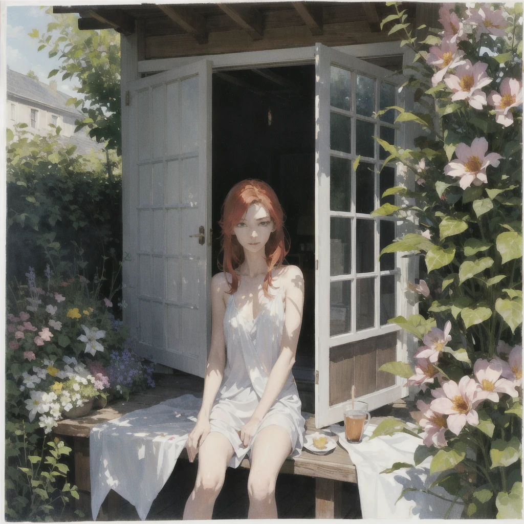 An exquisite slender tender girl of 16 years old with a perfect gentle face of the southern type with red hair with freckles in the rays of the rising sun, naked with tender breasts with pink nipples, barefoot on the veranda in the garden, drinking ((coffee)) and looks at the flowers, in watercolor style, discreet light shades, Flares, imitation of film photography, against the sun, a lot of sun glare, light fills the frame, (Seaside town), (Warm evening lighting), (soft warm mint and golden shades)