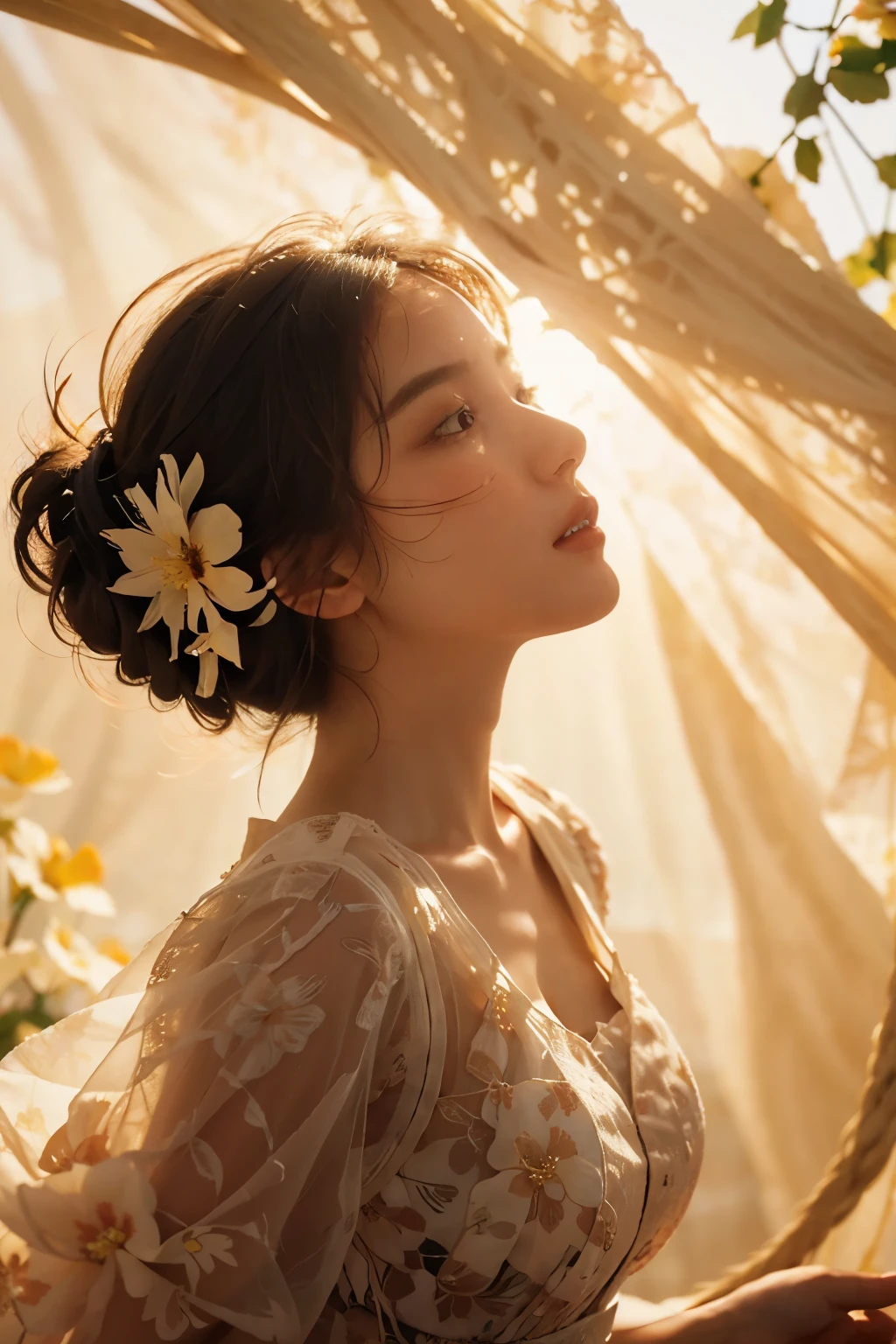 (extreme close up:1.49), (face focus:1.49), ((side:1.47)),(1girl surrounded by soft_light:1.49), (big bust),(backlighting:1.4), (lighting),(flowing structure:1.3), (thin_structure)((race_floral pattern_summer_dress:1.5),(straw_have:1.3)), (masterpiece), realistic, HDR, very detailed, 8 thousand, RAW photos, ambient occlusion, natural, harmonious composition, warm tone, Art Photography,
