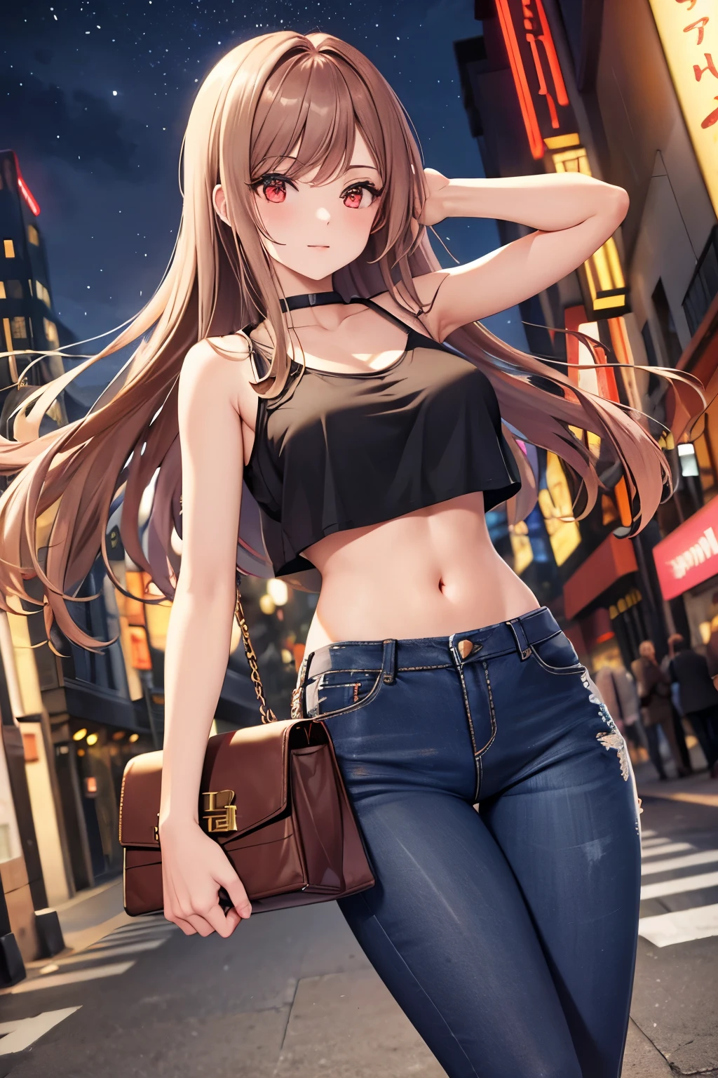 Game , goddess of victory nikke, Rapi , light brown hair,  alluring eyes ,beautiful face , crystal red eyes ,  long hair , women black colour crop top camisole slim fit, short jeans ,selfie wind, 1 hand bag,g cup breast, slender waist, bewitching thighs, five fingers each hand, two hand ,two leg , in town, date, standing, beautiful, high heels, night ,light district 