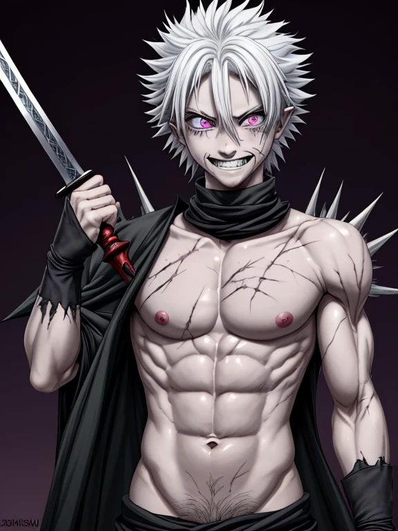 Demon Slayer Swordsman, (sanemi shinazugawa), un hombre musculoso de aspecto imponente, pale skin, albino, white hair spiky and wild and disheveled looking with one strand of hair in the center and another on one side of the face, cicatrices horizontales en la cara, ojos grandes de color morado claro, manic expression, sonriendo con los ojos muy abiertos, lleva puesto el uniforme de asesino de demonios sin abotonar, showing his muscular torso and the numerous scars he has on his body, abdominales marcados, lleva puesta una chaqueta haori blanco, (demon slayer), (kimetsu no Yaiba), cicatrices grandes en la cara, mirada asesina aterradora, aspecto desafiante, actitud violenta, boca abierta sonreiendo ampliamente, sonrisa amplia, Smile showing teeth