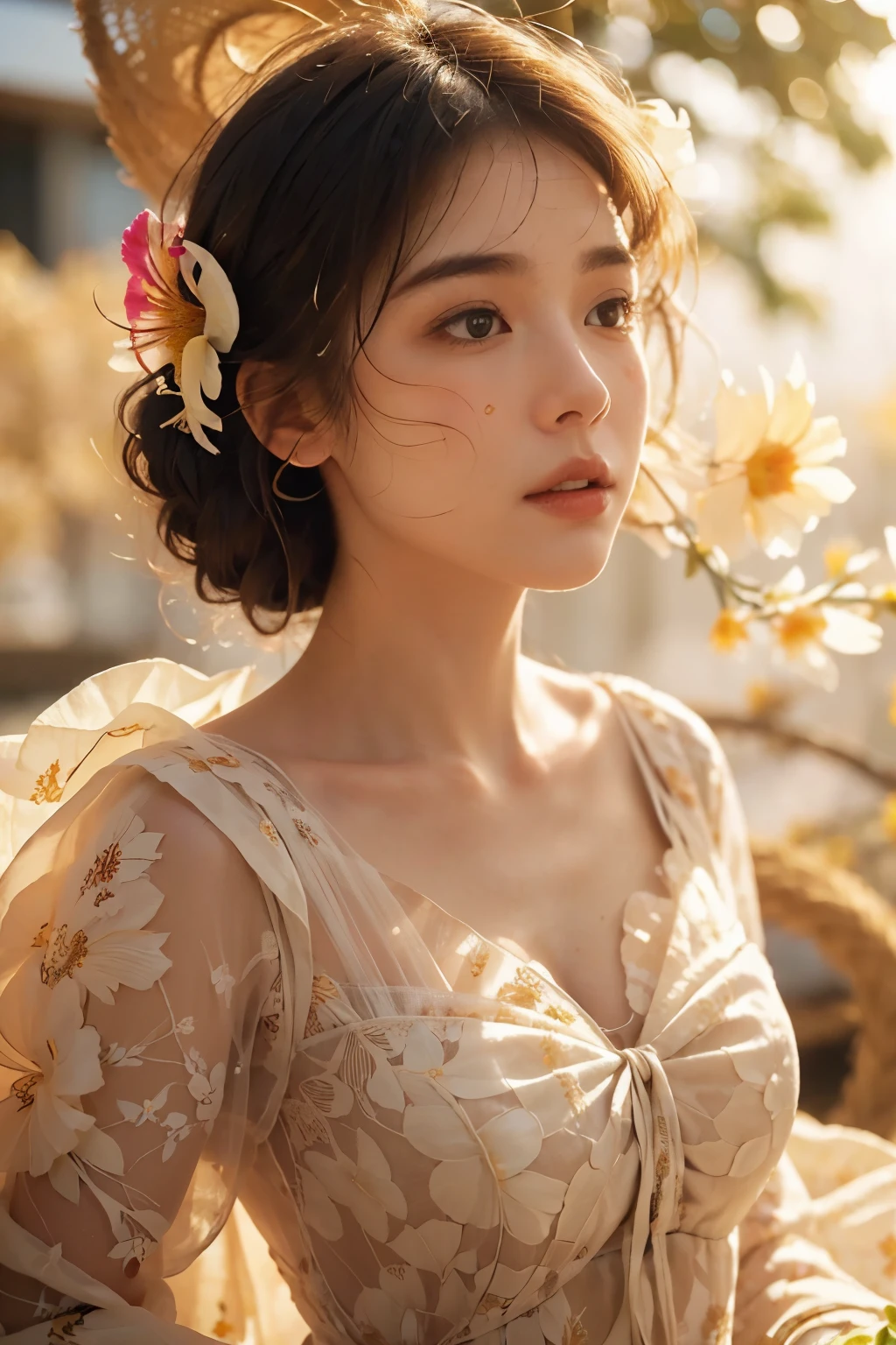 (extreme close up:1.49), (face focus:1.49), ((side:1.47)),(1girl surrounded by soft_light:1.49), (big bust),(backlighting:1.4), (lighting),(flowing structure:1.3), (thin_structure)((race_floral pattern_summer_dress:1.5),(straw_have:1.3)), (masterpiece), realistic, HDR, very detailed, 8 thousand, RAW photos, ambient occlusion, natural, harmonious composition, warm tone, Art Photography,