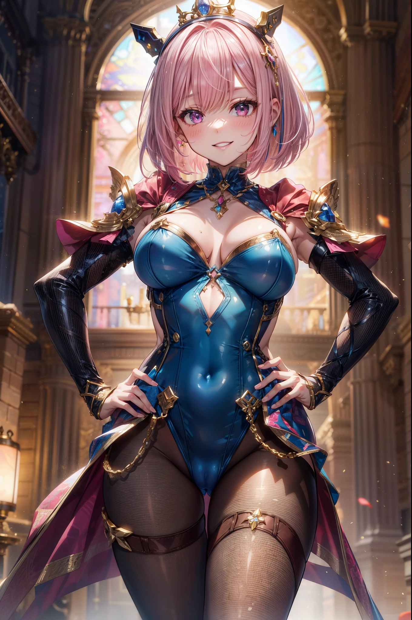 (fantasy style), ((leotard a silver)), skirt, black pantyhose, 4 defined fingers, 1 defined thumb, (looking at viewer), break, sexy, ((solo)), (1 woman), ((25 years old)), ((highest quality)), ((masterpiece)), (familiar), skindentation, perfect face, 8k , (cowboy shot), break, short hair, (((pink hair1.5))), bob cut, black eye, beautiful princess, smile,, medium breasts, perfect limbs, (visible nipples:0.9), (camel toe:0.5), sexy, standing, (hand on hip),
