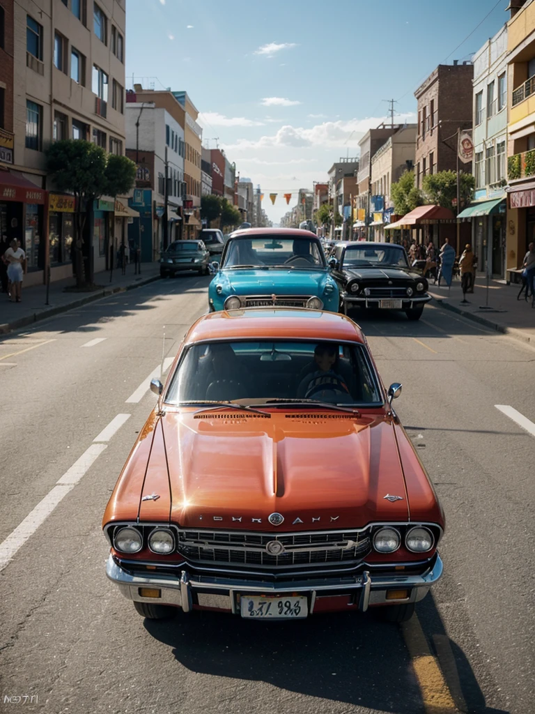 An award-winning color photograph of a vibrant boulevard filled with classic 1964 Impala cars in the foreground and a traffic light pole with street markings.  illuminated by the joyful atmosphere of a party.  Inspired by the energetic works of Frida Kahlo and the vibrant colors of Mexican culture, the scene bursts with life, capturing the essence of celebration and nostalgia.  The sun-drenched street is lined with rows of impeccably restored Impalas, their shiny exteriors reflecting the surrounding festivities.  The air is filled with the sounds of laughter, music and warm, golden light, casting a nostalgic glow on the scene, as if frozen in a timeless moment of joy and unity.  The composition is carefully framed, emphasizing the Impalas' elegant lines and curves, while also capturing the lively interactions between the silhouetted people.  The photograph was taken with a 50mm lens, allowing for a natural perspective and depth of field, highlighting the details of the cars.  The colors are rich and saturated, with a touch of Kodachrome-inspired warmth, which enhances the nostalgic atmosphere.  The image is captured in 4K UHD resolution, ensuring every detail is sharp and vivid, immersing the viewer in the lively party atmosphere.  --q 2 --s 700 --c 5 