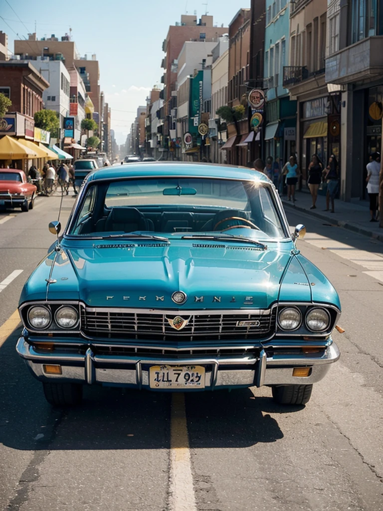 An award-winning color photograph of a vibrant boulevard filled with classic 1964 Impala cars in the foreground and a traffic light pole with street markings.  illuminated by the joyful atmosphere of a party.  Inspired by the energetic works of Frida Kahlo and the vibrant colors of Mexican culture, the scene bursts with life, capturing the essence of celebration and nostalgia.  The sun-drenched street is lined with rows of impeccably restored Impalas, their shiny exteriors reflecting the surrounding festivities.  The air is filled with the sounds of laughter, music and warm, golden light, casting a nostalgic glow on the scene, as if frozen in a timeless moment of joy and unity.  The composition is carefully framed, emphasizing the Impalas' elegant lines and curves, while also capturing the lively interactions between the silhouetted people.  The photograph was taken with a 50mm lens, allowing for a natural perspective and depth of field, highlighting the details of the cars.  The colors are rich and saturated, with a touch of Kodachrome-inspired warmth, which enhances the nostalgic atmosphere.  The image is captured in 4K UHD resolution, ensuring every detail is sharp and vivid, immersing the viewer in the lively party atmosphere.  --q 2 --s 700 --c 5 