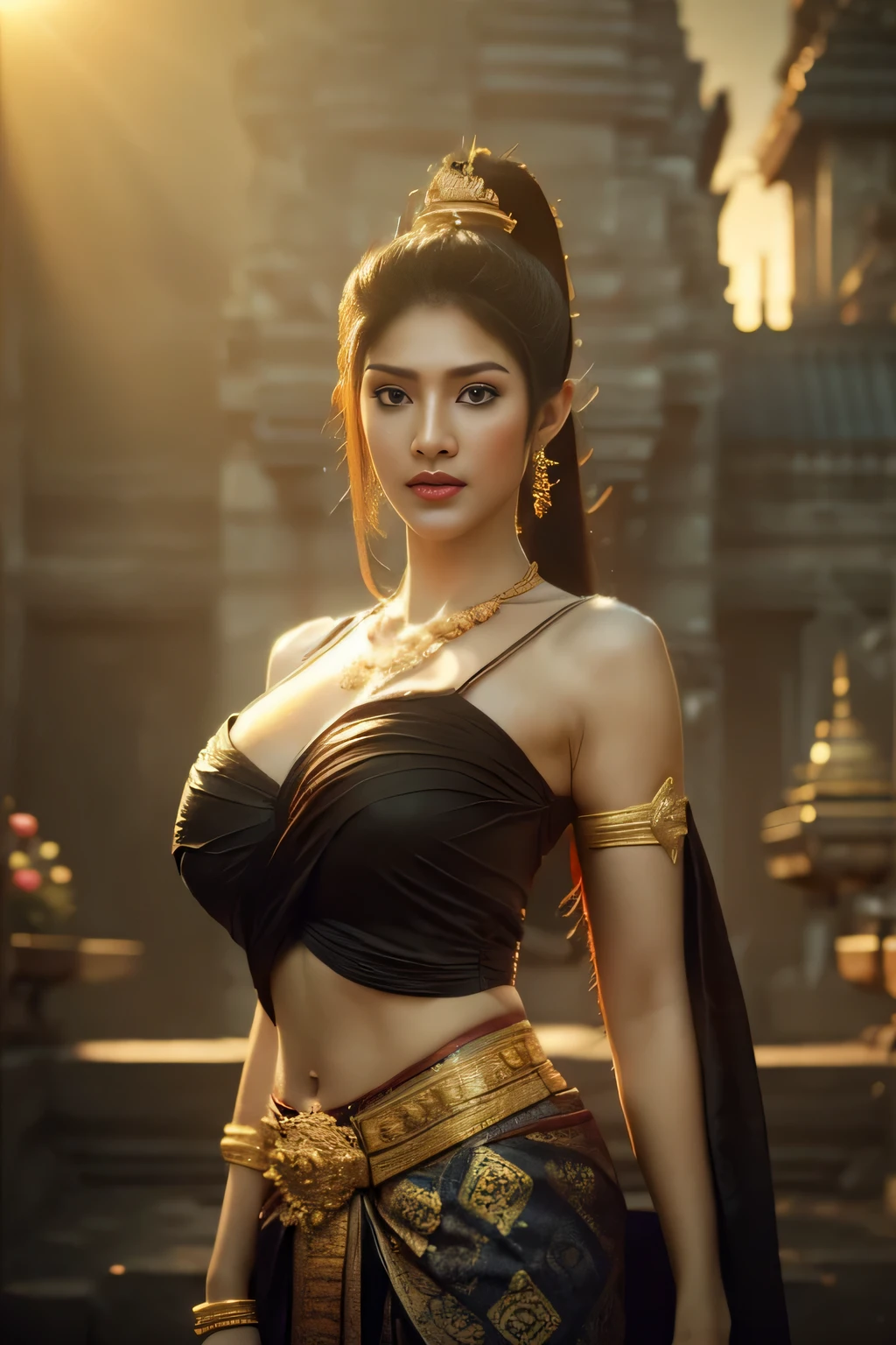 beautiful girl ,Thailand Female Warior, walking at thai temple, dynamic poses, chut thai, Long ponytail hair,black eyes,abdominal muscles, plumpy body, rounded breast, (big breast:1.3), cleavage, Morning sunshine, Eyes on the audience, (sexy poses), ((face details)), Double eyelids, reeds, realistic, masterpiece, highest quality, lens flare, shade, old temple, temple, [[chromatic aberration]], by Jeremy Lipking, by Antonio J. Manzanedo, digital painting, HDR, high contrast
