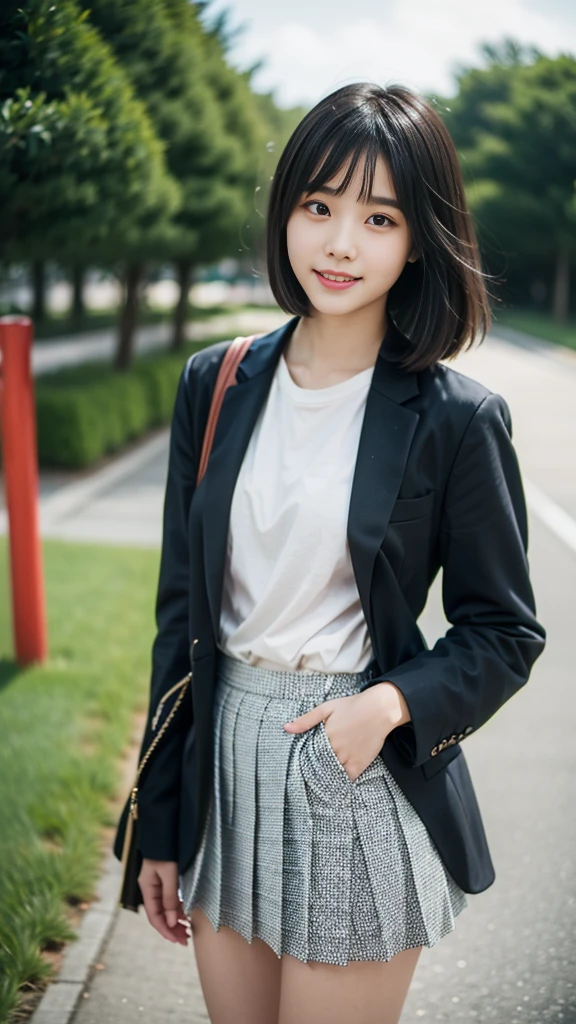 (((masterpiece))), (one beautiful japanese girl, classmate, innocence,cute) ,超A high resolution, realistic, Super detailed, 8K,highest quality, very detailed, detailed background,thin,very beautiful japanese girl, detailed face:1.3), (hair blowing in the wind,black haired :1.4), (baby face,cute系,adorable 14 year old girl), (perfect body:1.1), (brown blazer, light brown pleated mini skirt), provocative smile,show me your beautiful teeth,超detailed face、lip details、detailed eye、small gravure idol,transparent skin、,A Japanese high school with a school emblem on its chest、sexy pose,Please pay attention to your butt,Please think back,Skirt lifts、You can see the cute pants、skirt lift,put your panties aside,