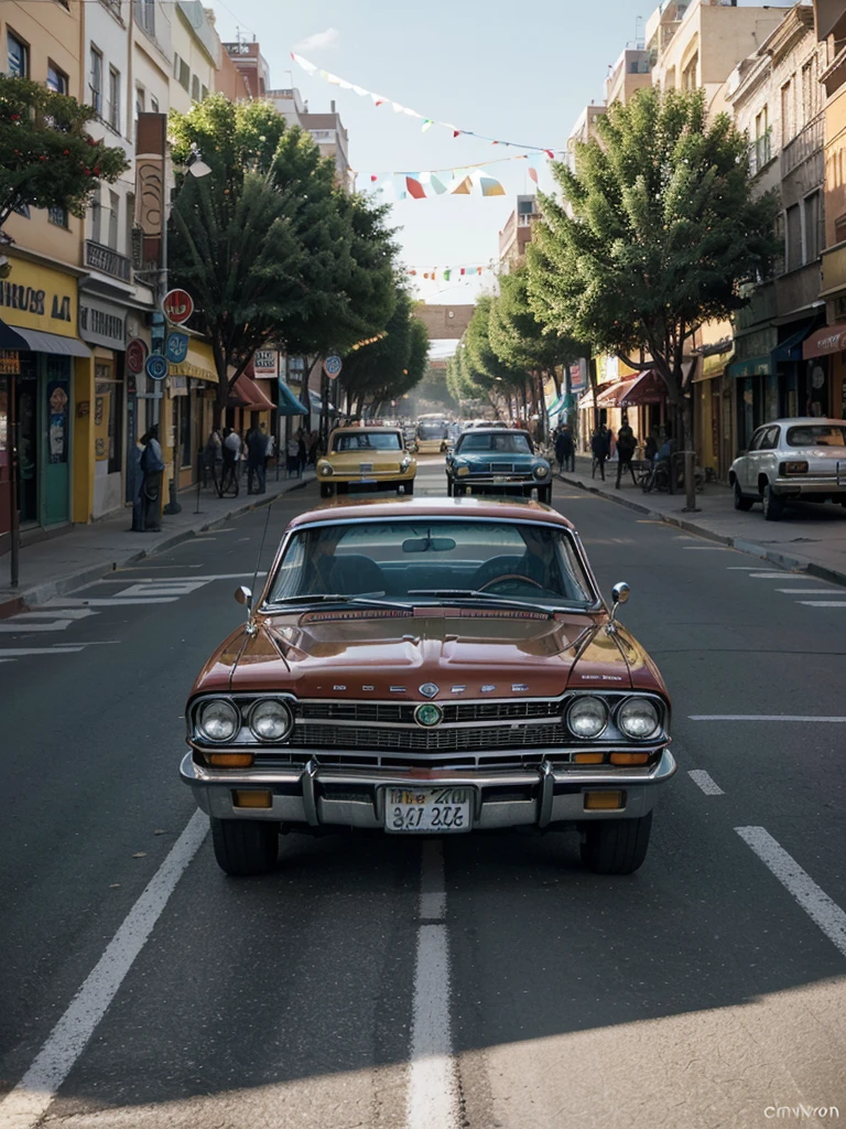 An award-winning color photograph of a vibrant boulevard filled with classic 1964 Impala cars in the foreground and a traffic light pole with street markings. illuminated by the joyful atmosphere of a party. Inspired by the energetic works of Frida Kahlo and the vibrant colors of Mexican culture, the scene bursts with life, capturing the essence of celebration and nostalgia. The sun-drenched street is lined with rows of impeccably restored Impalas, their shiny exteriors reflecting the surrounding festivities. The air is filled with the sounds of laughter, music and warm, golden light, casting a nostalgic glow on the scene, as if frozen in a timeless moment of joy and unity. The composition is carefully framed, emphasizing the Impalas' elegant lines and curves, while also capturing the lively interactions between the silhouetted people. The photograph was taken with a 50mm lens, allowing for a natural perspective and depth of field, highlighting the details of the cars. The colors are rich and saturated, with a touch of Kodachrome-inspired warmth, which enhances the nostalgic atmosphere. The image is captured in 4K UHD resolution, ensuring every detail is sharp and vivid, immersing the viewer in the lively party atmosphere. --q 2 --s 700 --c 5