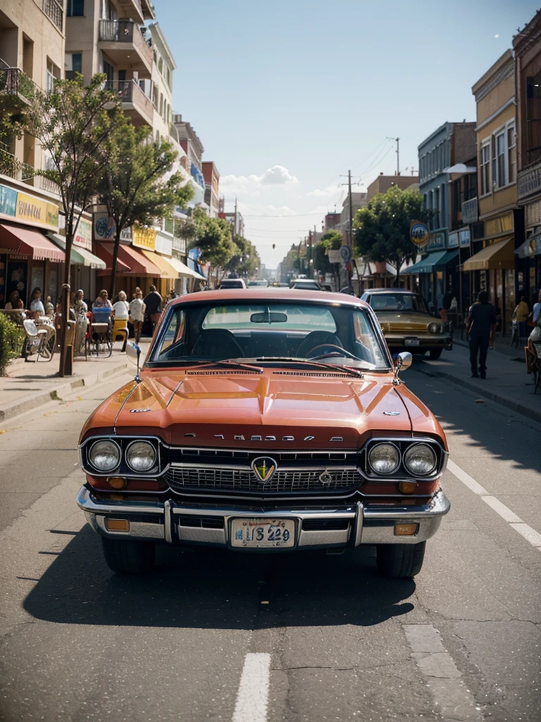 An award-winning color photograph of a vibrant boulevard filled with classic 1964 Impala cars in the foreground and a traffic light pole with street markings. illuminated by the joyful atmosphere of a party. Inspired by the energetic works of Frida Kahlo and the vibrant colors of Mexican culture, the scene bursts with life, capturing the essence of celebration and nostalgia. The sun-drenched street is lined with rows of impeccably restored Impalas, their shiny exteriors reflecting the surrounding festivities. The air is filled with the sounds of laughter, music and warm, golden light, casting a nostalgic glow on the scene, as if frozen in a timeless moment of joy and unity. The composition is carefully framed, emphasizing the Impalas' elegant lines and curves, while also capturing the lively interactions between the silhouetted people. The photograph was taken with a 50mm lens, allowing for a natural perspective and depth of field, highlighting the details of the cars. The colors are rich and saturated, with a touch of Kodachrome-inspired warmth, which enhances the nostalgic atmosphere. The image is captured in 4K UHD resolution, ensuring every detail is sharp and vivid, immersing the viewer in the lively party atmosphere. --q 2 --s 700 --c 5