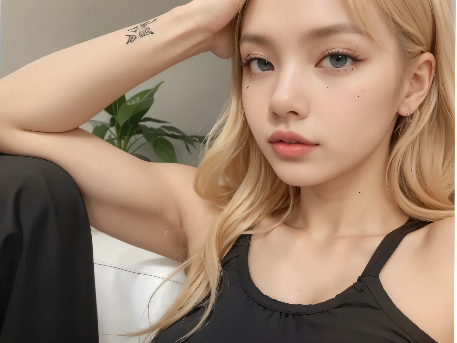 devastated woman with long blonde hair and black blouse sitting on a sofa, regata preta apertada, she is wearing a black blouse, vestindo uma regata decotada, seu rosto corado e suado, linda jovem coreana, Retrato de Jossi do Blackpink, parque roseanne de blackpink, Her skin is light brown, linda mulher sul-coreana, Heonhwa Choe