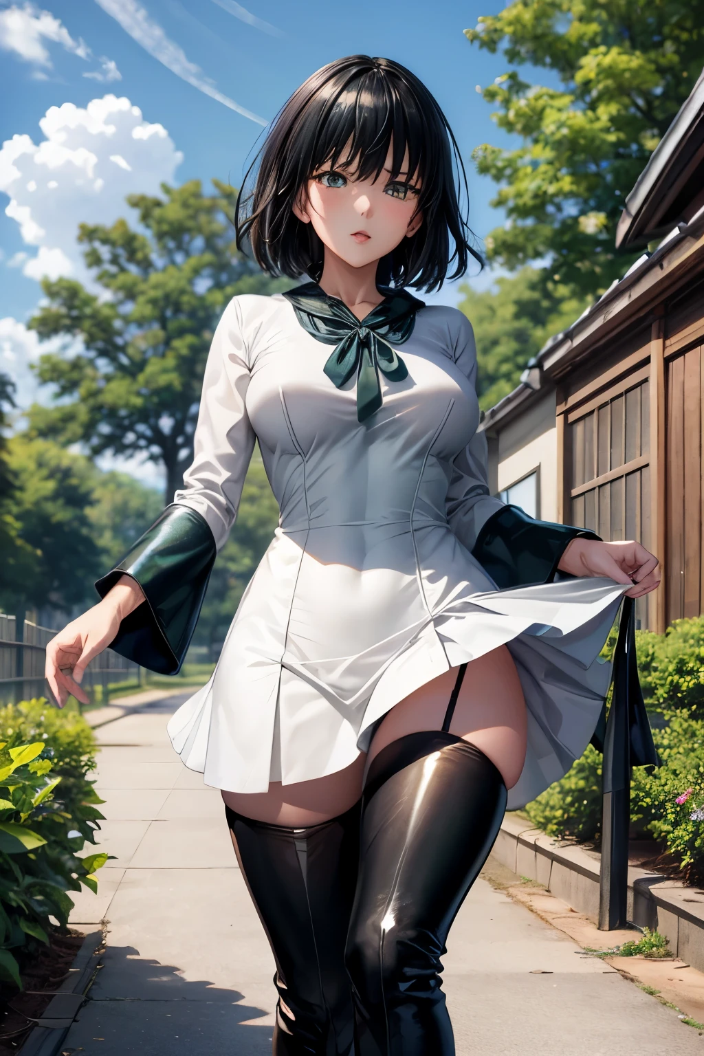 Fubuki, sexy dress,pantyhose、Photo from below、garden、medium chest、thigh high boots、show panties