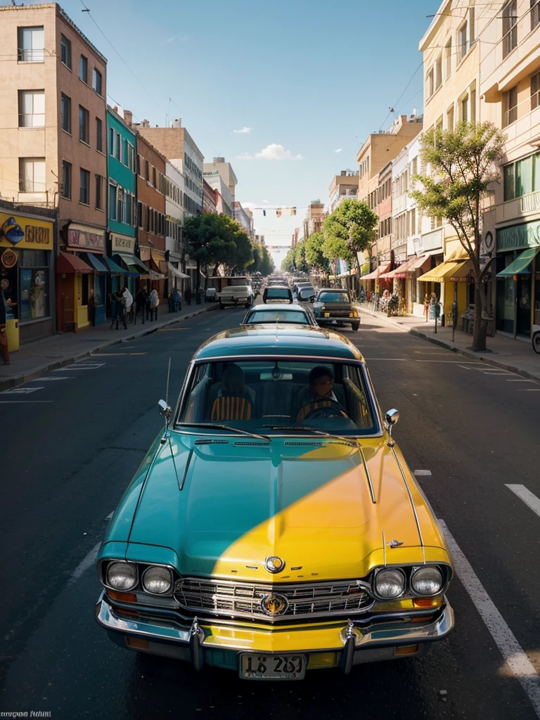 An award-winning color photograph of a vibrant boulevard filled with classic 1964 Impala cars in the foreground and a traffic light pole with street markings. illuminated by the joyful atmosphere of a party. Inspired by the energetic works of Frida Kahlo and the vibrant colors of Mexican culture, the scene bursts with life, capturing the essence of celebration and nostalgia. The sun-drenched street is lined with rows of impeccably restored Impalas, their shiny exteriors reflecting the surrounding festivities. The air is filled with the sounds of laughter, music and warm, golden light, casting a nostalgic glow on the scene, as if frozen in a timeless moment of joy and unity. The composition is carefully framed, emphasizing the Impalas' elegant lines and curves, while also capturing the lively interactions between the silhouetted people. The photograph was taken with a 50mm lens, allowing for a natural perspective and depth of field, highlighting the details of the cars. The colors are rich and saturated, with a touch of Kodachrome-inspired warmth, which enhances the nostalgic atmosphere. The image is captured in 4K UHD resolution, ensuring every detail is sharp and vivid, immersing the viewer in the lively party atmosphere. --q 2 --s 700 --c 5