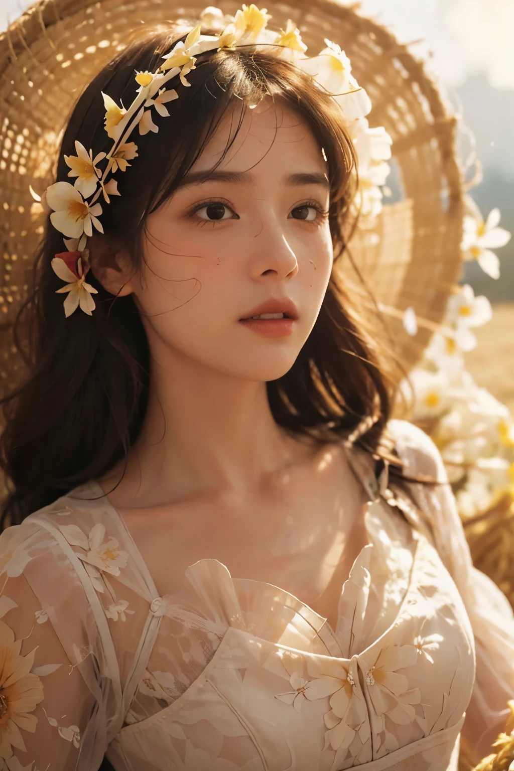 (extreme close up:1.49), (face focus:1.49), ((side:1.47)),(1girl surrounded by soft_light:1.49), (big bust),(backlighting:1.4), (lighting),(flowing structure:1.3), (thin_structure)((race_floral pattern_summer_dress:1.5),(straw_have:1.3)), (masterpiece), realistic, HDR, very detailed, 8 thousand, RAW photos, ambient occlusion, natural, harmonious composition, warm tone, Art Photography,