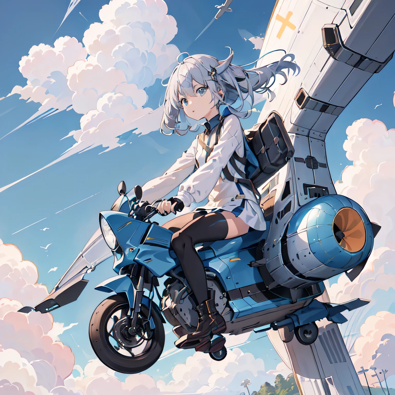 (((Riding in a small fantastic futuristic plane (no wheels)))), summer, Wind, scratch, sun, meadows and fields, Perfect face and blonde hair、Wearing a light summer dress、Delicate beauty in black boots、