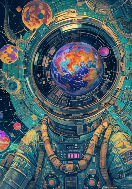 HD details, Close-up of a man in a space suit, background planet, psychedelic space horror, psychedelic illustration, outer space, Plant growing, Psychotic universe, Background Space Graphic Art, Space illustration, outer space, Cosmic LSD Poster Art, DMT space behind, Space Scene, surreal space, Space style