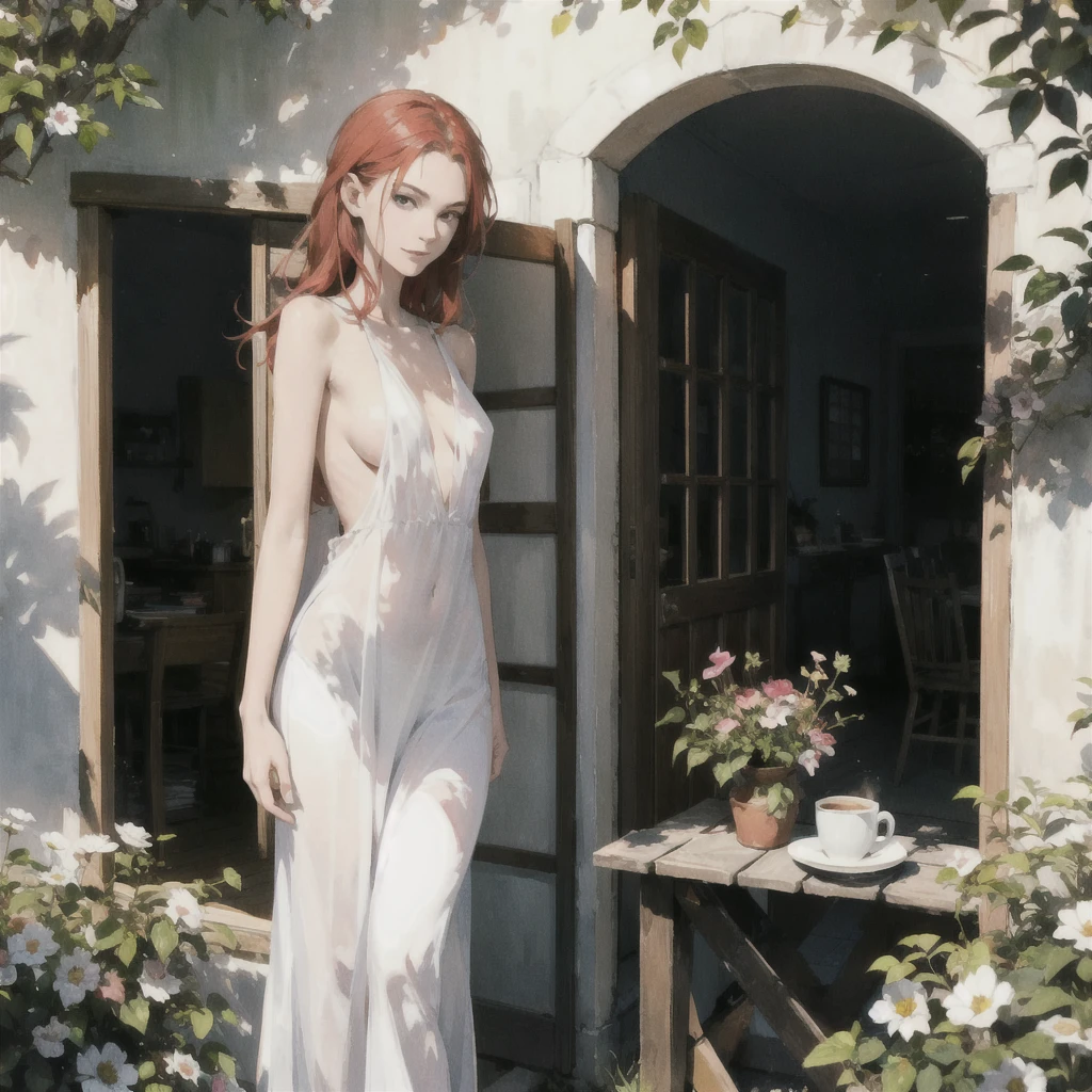 An exquisite slender girl of with a perfect face with red hair in the rays of the rising sun, naked with tender breasts with pink nipples, barefoot on the veranda in the garden, drinking coffee and looking at flowers, in watercolor style, Discreet shades, Flares, imitation of film photography, against the sun, a lot of sun glare, light fills the frame