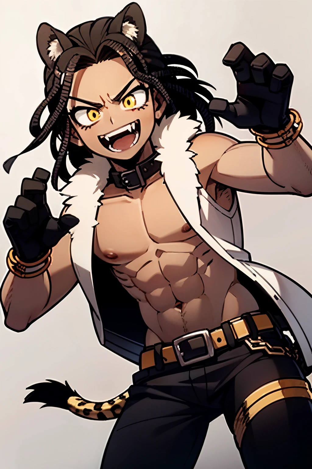 Athletic build, dark brown skin, golden yellow eyes, long black dreads, black eyeliner, sharp nails, ferocious smile, black male, cheetah hero costume inspired by My Hero Academia, fangs, intimidating pose, fur collar with cheetah print 