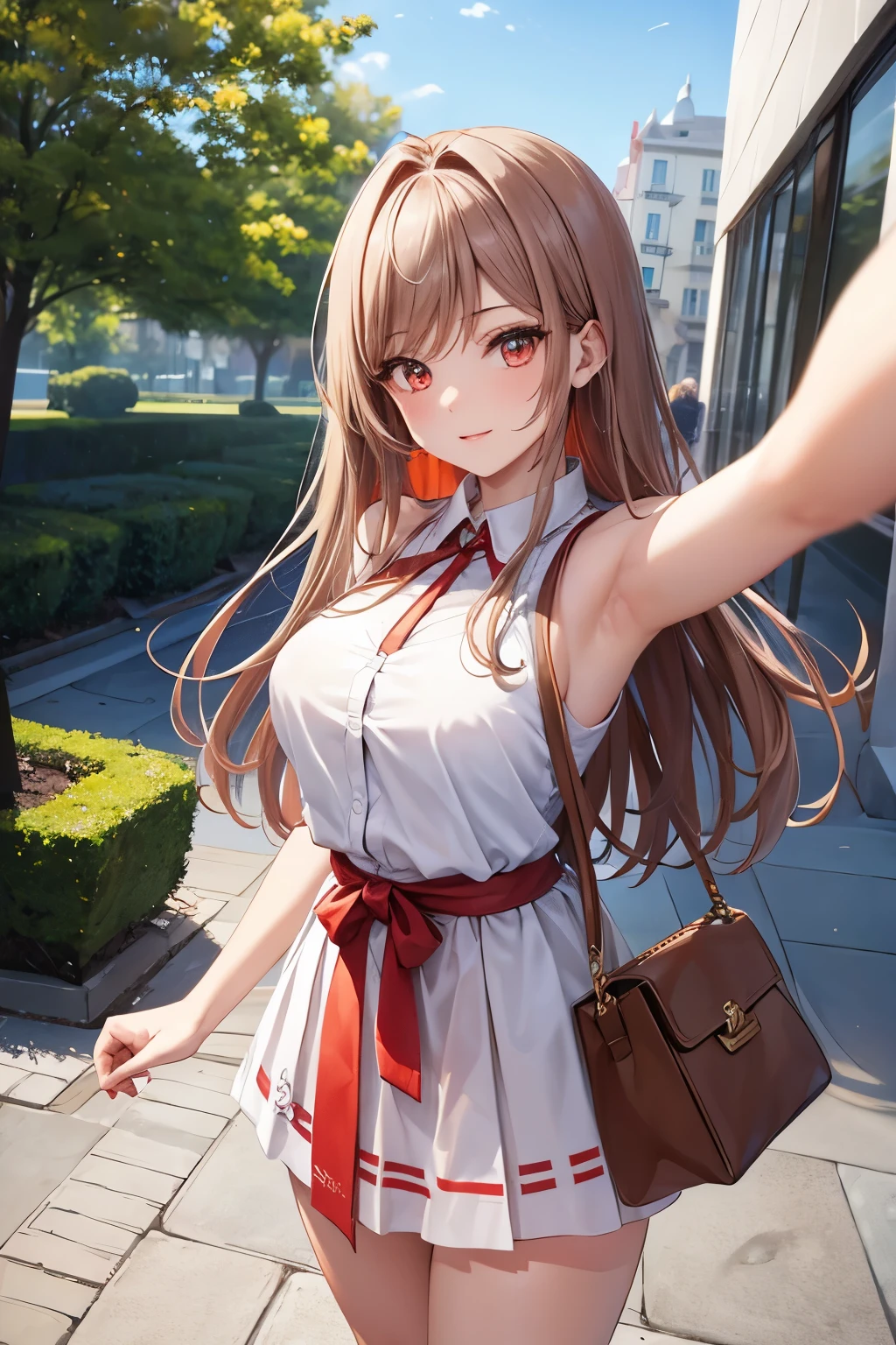 Game , goddess of victory nikke, Rapi , light brown hair,  alluring eyes ,beautiful face , crystal red eyes ,  long hair , sleeveless shirt ,armpits, white colour shirt, long skirt,selfie wind, 1 hand bag, cheerful eyes, ,g cup breast, slender waist, bewitching thighs, five fingers each hand, two hand ,two leg , in town, date, standing, beautiful, high heels, daylight, recreation park,