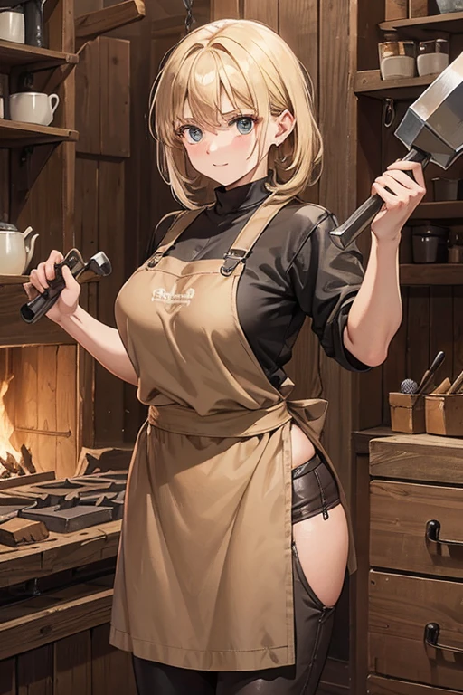 strong female blacksmith wearing leather apron over a plain beige slavic shirt, holding a dwarven blacksmithing hammer