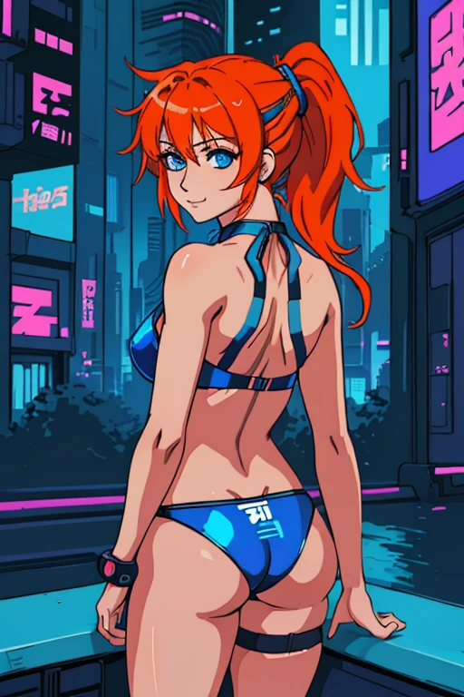 hd masterpiece, anime girl, 1girl ((32year old, dressed in a blue bikini, medium breasts, short orange hair, pony tail styled hair, perfect model body:1.3, detailed blue eyes:1.5, Arrogant Smile on face, looking from behind:1.2)), (Background: Swimming pool, on top of a roof top, skyline of a cyberpunk city), dreamy cyberpunk girl, anime cyberpunk art, digital cyberpunk - anime art, cyberpunk anime girl, digital cyberpunk anime art, cyberpunk, cyberpunk anime art, cyberpunk vibe, cyberpunk art style ((solo:1.6))
