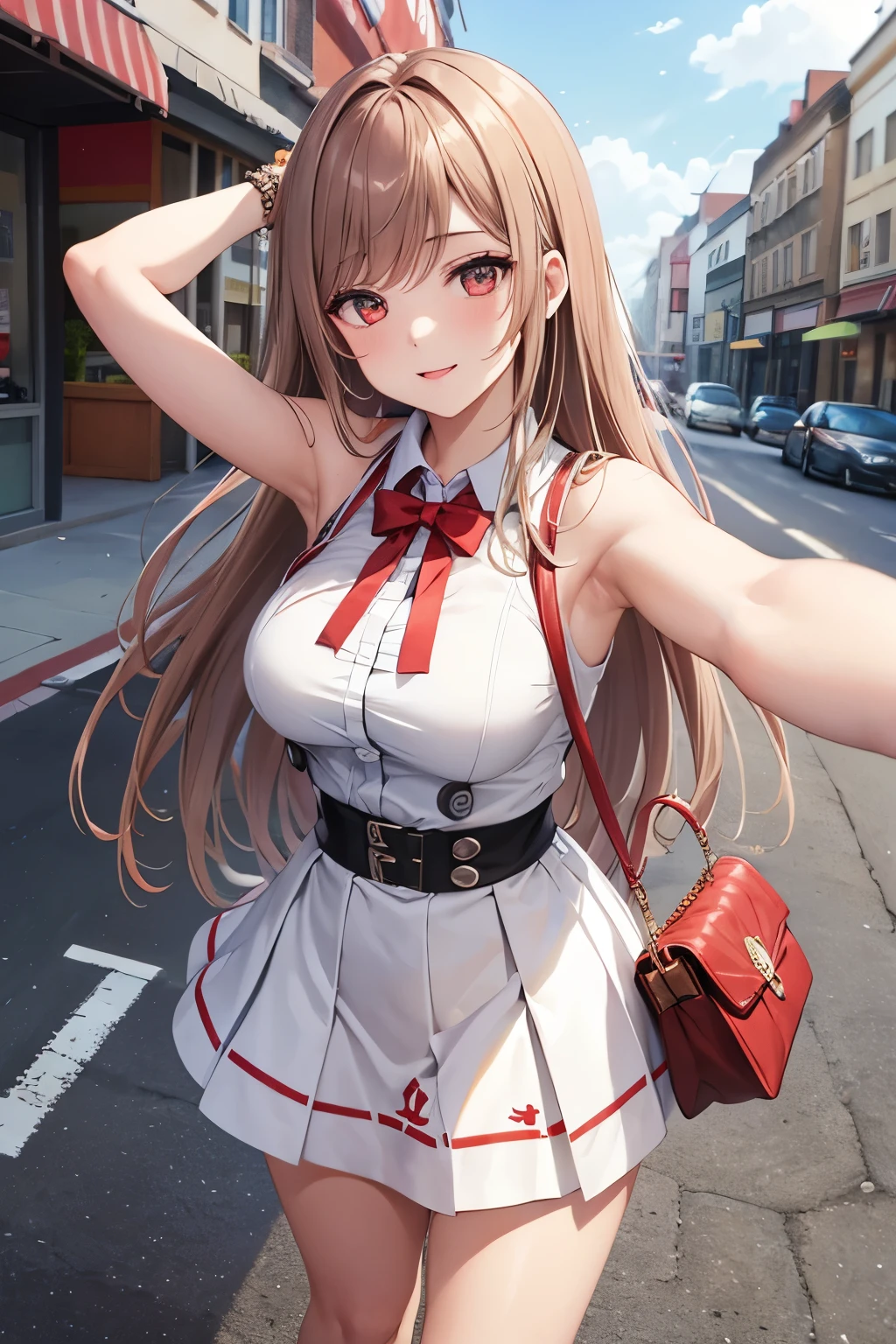 Game , goddess of victory nikke, Rapi , light brown hair,  alluring eyes ,beautiful face , crystal red eyes ,  long hair , sleeveless shirt ,armpits, white colour shirt, long skirt,selfie wind, 1 hand bag, cheerful eyes, ,g cup breast, slender waist, bewitching thighs, five fingers each hand, two hand ,two leg , in town, date, standing, beautiful, high heels, daylight, recreation park,