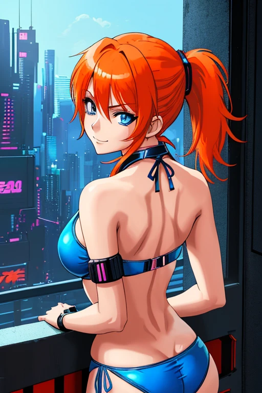 hd masterpiece, anime girl, 1girl ((32year old, dressed in a blue bikini, medium breasts, short orange hair, pony tail styled hair, perfect model body:1.3, detailed blue eyes:1.5, Arrogant Smile on face, looking from behind:1.2)), (Background: Swimming pool, on top of a roof top, skyline of a cyberpunk city), dreamy cyberpunk girl, anime cyberpunk art, digital cyberpunk - anime art, cyberpunk anime girl, digital cyberpunk anime art, cyberpunk, cyberpunk anime art, cyberpunk vibe, cyberpunk art style ((solo:1.6))