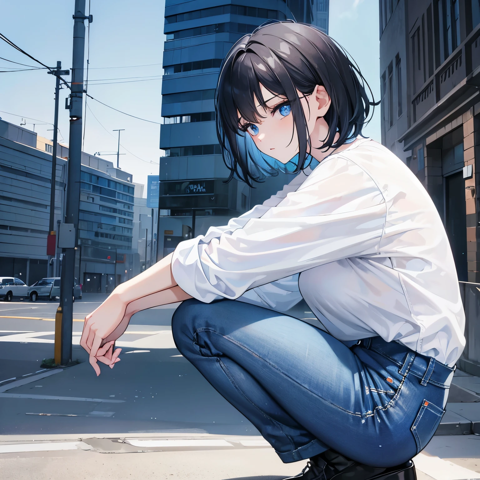 1girl, short black hair, blue eyes, wearing plain white shirt, tight blue jeans city, absurdres, high res, ultrasharp, 8K, masterpiece, looking at viewer, squatting, side view