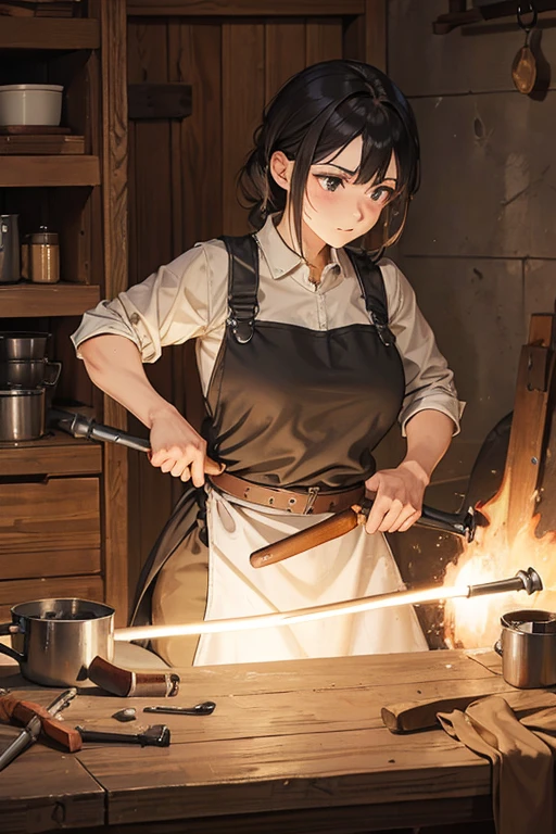 strong female blacksmith wearing leather apron over a plain beige slavic shirt, holding a blacksmithing hammer
