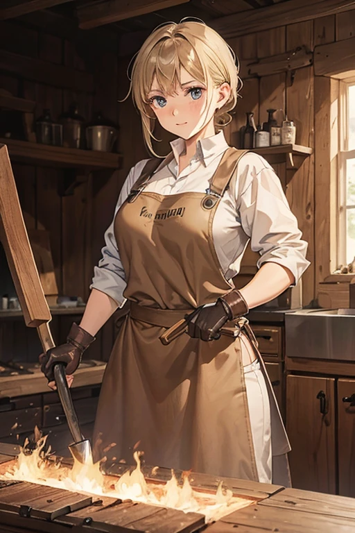 strong female blacksmith wearing leather apron over a plain beige slavic shirt, holding a blacksmithing hammer