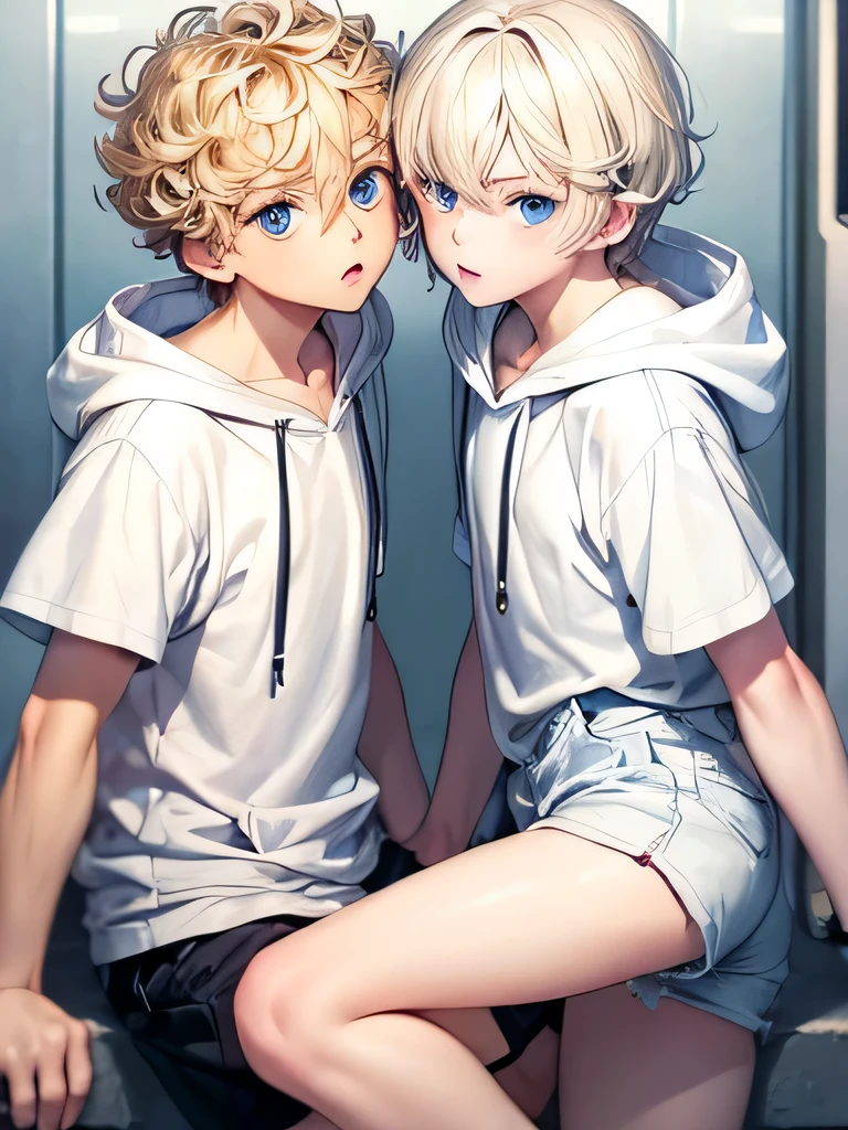 (Masterpiece), Best Quality, expressive eyes, a perfect face, 2 boy, blond hair, blue eyes, Short hair, Bob hair cutting, The Second Boy, blond hair, Short hair, curly hair, blue eyes, White clothes, white hoodie, black shorts, sneakers, Twins, holding two hands, Look at each other