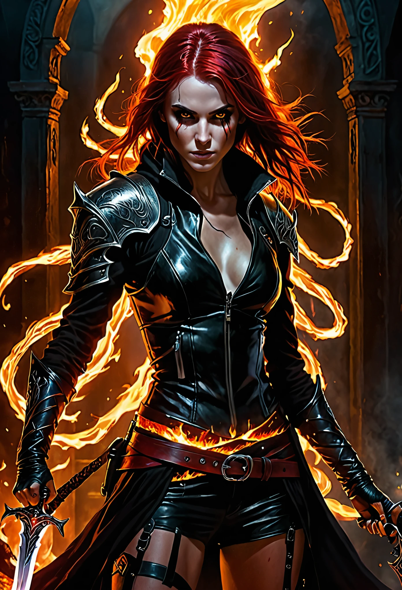 photorealistic, masterpiece, Rogue modern warrior girl, red-black coloured hair, shrouded in shadows, holding a flaming dagger in each hand, vibrant glowing abyssal colors, entirely in frame, FULL BODY, radiating electrical energy, shoulder length messy hair, hyperdetailed background, luminism