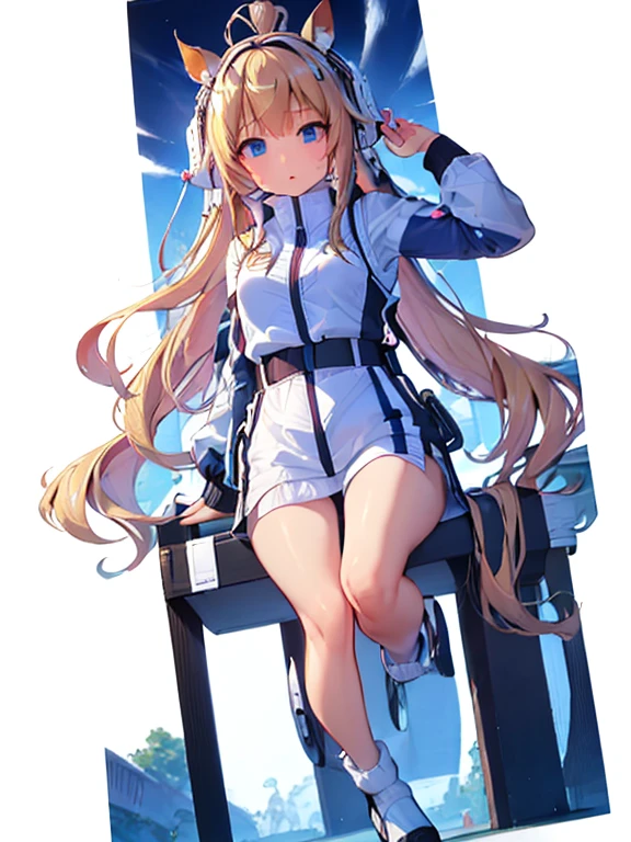 ((masterpiece))、highest quality、(Whole body wide angle)、Neo Universe(Umamusume)、(1 girl、solo)、(horse ears、Uma Musume)、beautiful blue eyes、No expression、(blonde long hair)、spread hair、((small breasts))、(astrovest):2,bing_astronaut,(((training wear)))、closed mouth、at the gym、Training Equipment