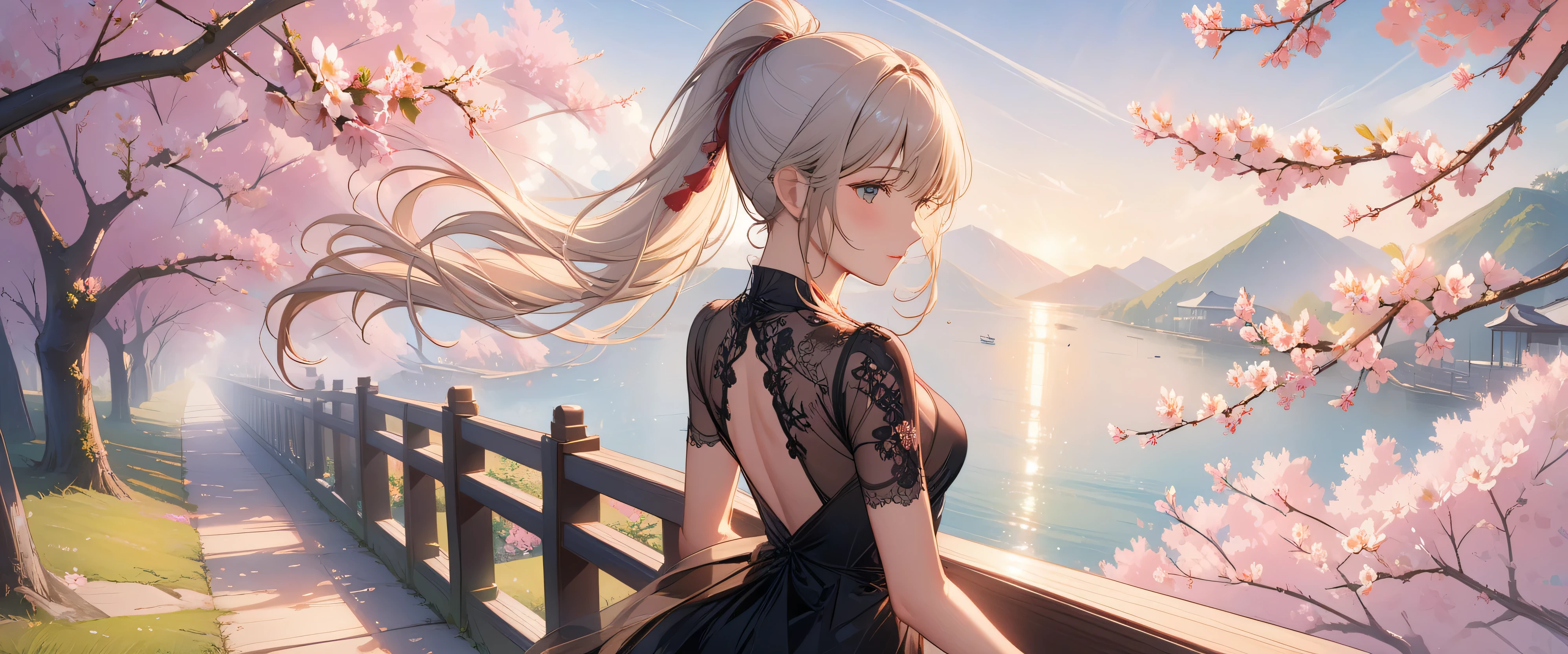 masterpiece, top quality, Super details, 8K, detail light, Detailed shadows, raw, (Delicate skin), (real: 1.2),, 1 girl, White ponytail, Black sexy transparent dress,Cherry blossoms