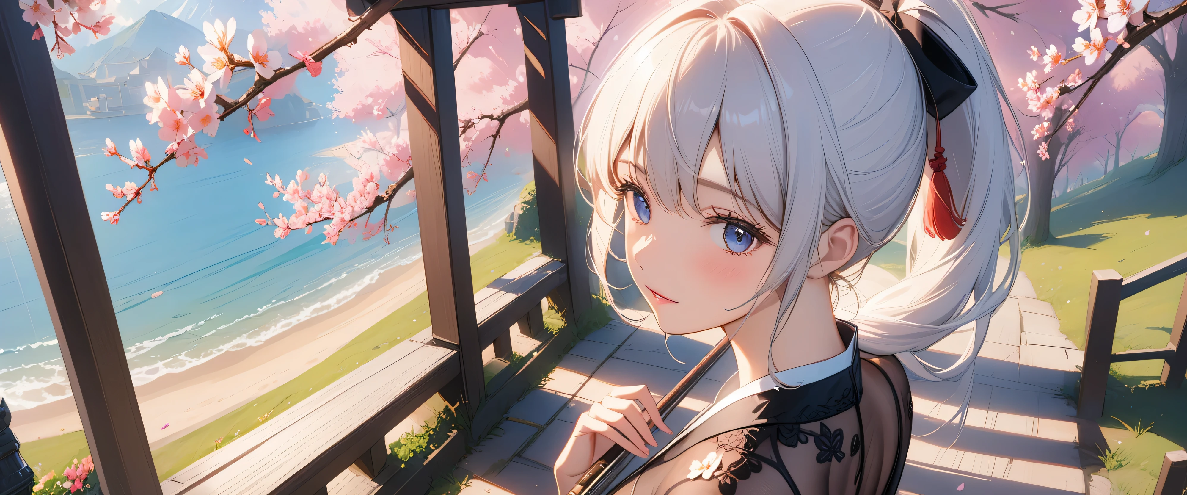 masterpiece, top quality, Super details, 8K, detail light, Detailed shadows, raw, (Delicate skin), (real: 1.2),, 1 girl, White ponytail, Black sexy transparent dress,Cherry blossoms