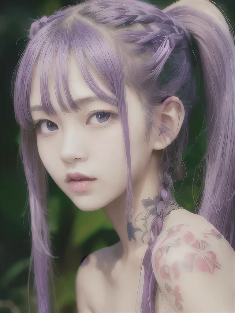 live-action、Realistic、A young girl standing in the grass、The age is６age、１６K、naked、Small breasts、completely naked、twin tails、bright purple hair、blue eyes、Purple Hair、elf ears、clavicle、young girl、completely naked、naked、young girl、Braid、ponytail、nipple、ethnic tattoo on neck、upper body close-up、ethnic tattoo、tattoo、tattoo on neck、