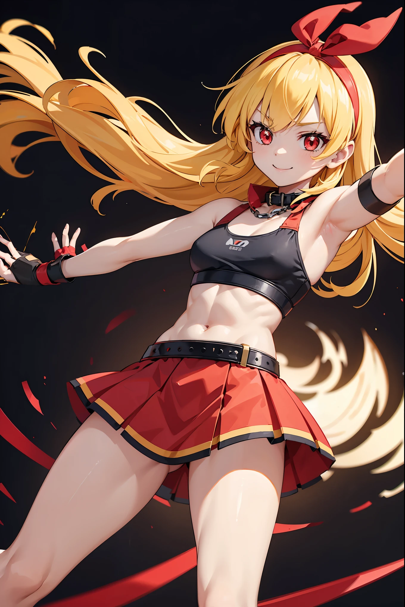 (RED Ribbon on HAIRband:1.2),A boyish female warrior with yellow-white messy hair, wearing metal gauntlets, in a fighting stance, smiling, revealing clothing, small breasts, toned muscles, and a slender build Electricity is emitted from both hands, sports bra type armor, armor from the waist to the knees, supple legs, black bangles on the upper arms, and a collar with a chain