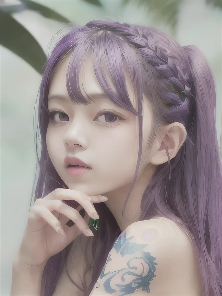 live-action、Realistic、A young girl standing in the grass、The age is６age、１６K、naked、Small breasts、completely naked、twin tails、bright purple hair、blue eyes、Purple Hair、elf ears、clavicle、young girl、completely naked、naked、young girl、Braid、ponytail、nipple、ethnic tattoo on neck、upper body close-up、ethnic tattoo、tattoo、tattoo on neck、