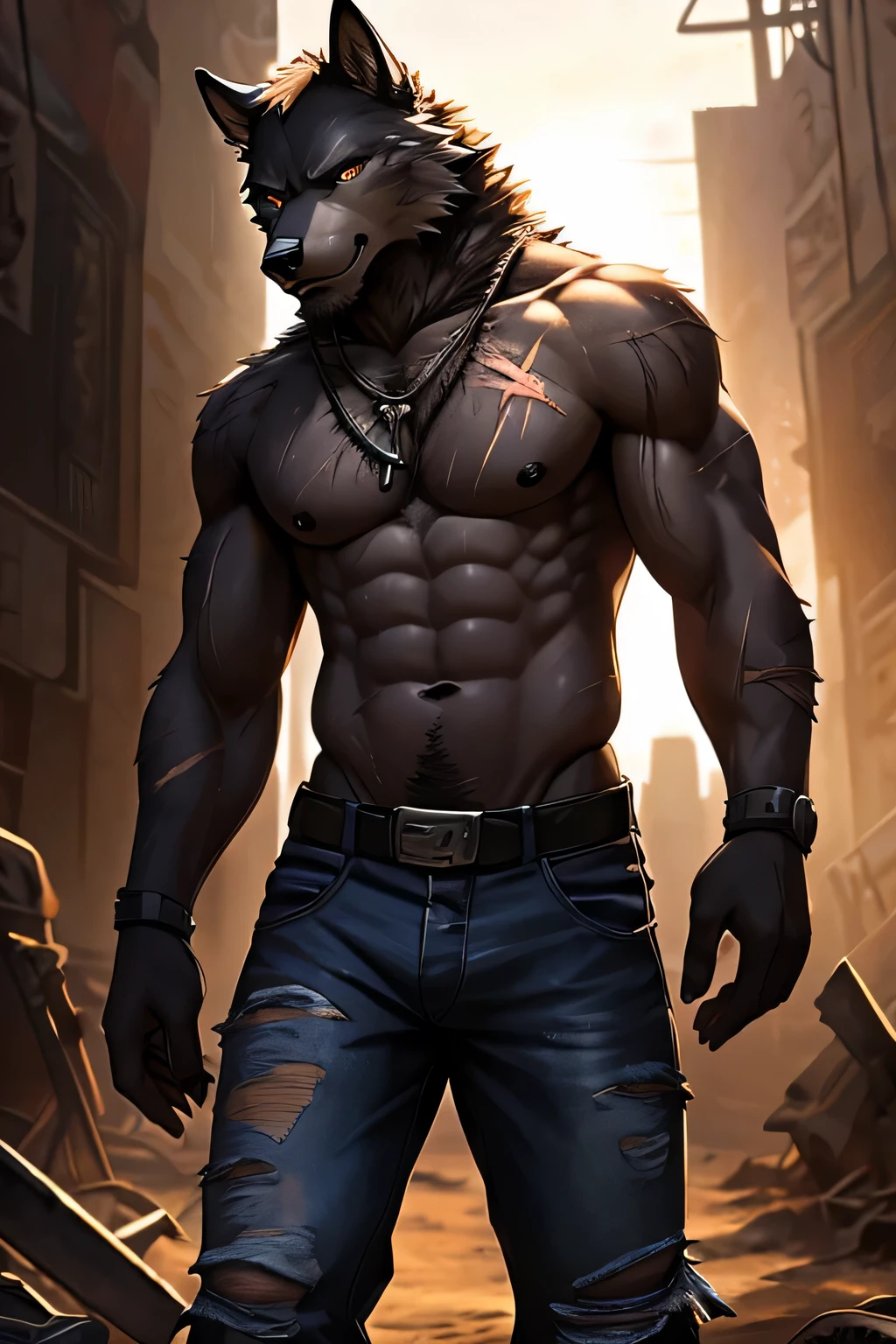 Masterpieces, furry, male, Anthropomorphic, old black wolf, veiny, slender body type, twink, Delicate eyes, white goatee, grizzled fur, glistening body, thug, wasteland thug, tan skin, dirty, depth of field, perfect lighting, (best quality),(masterpiece),(ultra detailed), sharp focus, detailed wasteland background, shirtless, very large succulent black nipples, fierce look, scars, glossy oiled up skin, wet, blue ripped jeans,