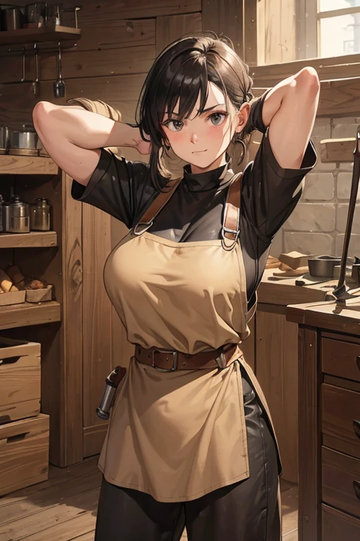 strong female blacksmith wearing leather apron over a plain beige slavic shirt, holding a blacksmithing hammer, muscular arms