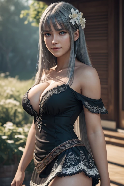 Smile, Cowboy shot, looking a viewer, From Bottom, Clothing pattern, Hair Flower, extra very long hair, big breastes, straight hair, Detachable hoses, wariza, tight mini short skirt, Beautiful Black off shoulder Dress, cleavage , damp , white lace, 1girl, white colored hair, Portrait, Bangs, blue eyes,3D Rendering, .CGI, Octane Render, 35mm, 9:16, (intricate details:1.12), HDR, (intricate details, hyper-detailing:1.15), (natural skin textures, hyper realisitc, soft light, Sharp:1.2)