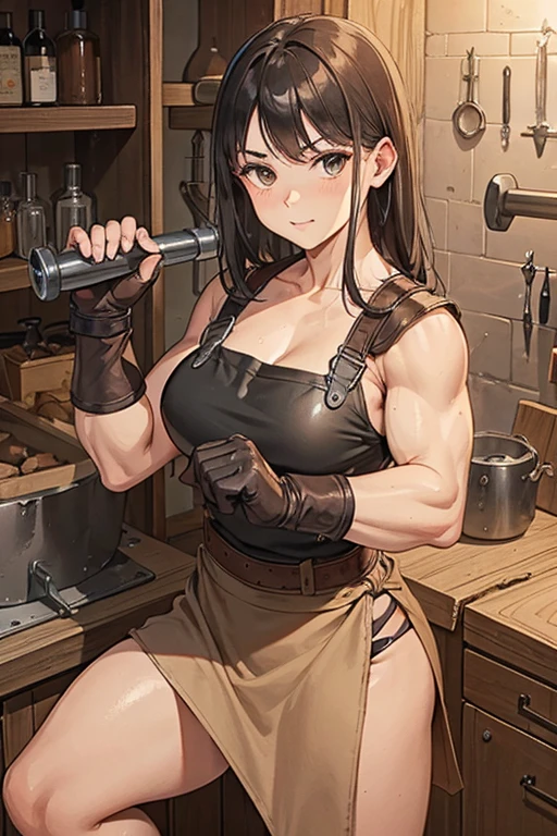 strong bulky female blacksmith wearing leather apron over a plain beige slavic shirt, holding a blacksmithing hammer, muscular arms, dark brown hair