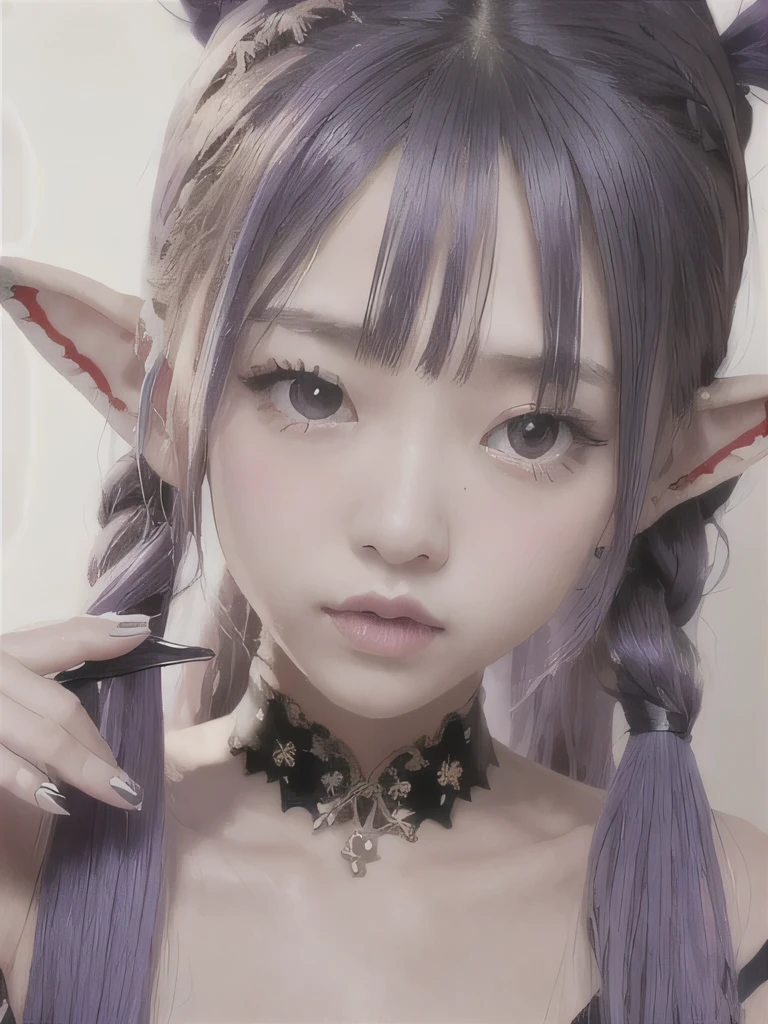 live-action、Realistic、A young girl standing in the grass、The age is６age、１６K、naked、Small breasts、completely naked、twin tails、bright purple hair、blue eyes、Purple Hair、elf ears、clavicle、young girl、completely naked、naked、young girl、Braid、ponytail、nipple、ethnic tattoo on neck、upper body close-up、ethnic tattoo、tattoo、tattoo on neck、