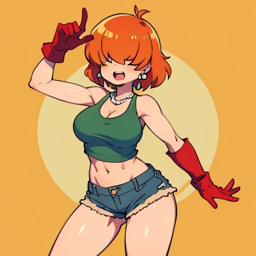High quality,orange hair,short hair, fluffy hair,toned,breasts,Curvy legs,Earrings,pearl Necklace,denim shorts,red gloves,Green tank top, open mouth ,side park