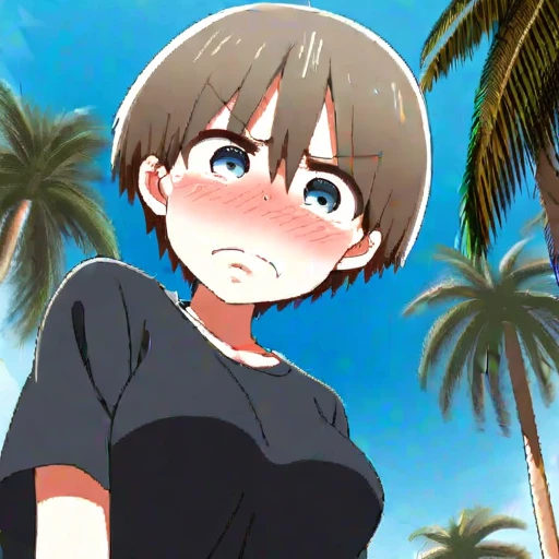 uzakichan, blue eyes, short hair, embarrassed face, blushing, frowning, shy, black shirt, tight blue panties, from below, beachy background, palm trees, blue sky