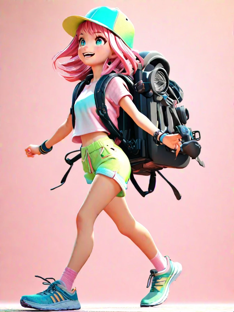 3D character design, smiling girl with pink hair in style colorful hat and shorts, backpack onher back, running shoes, pastel colors, happycore, studio lighting, octane rendering