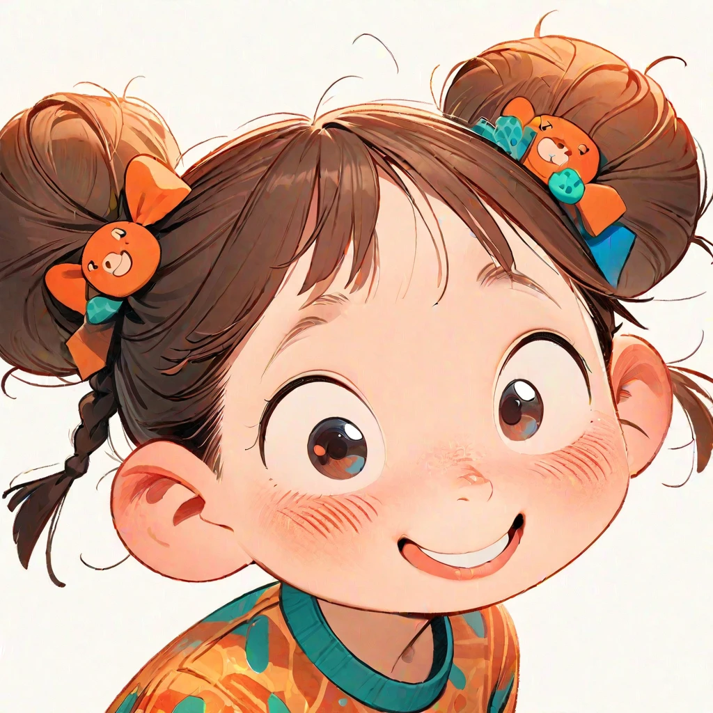 (masterpiece, best quality:1.2), 1girl, solo,A cute Chinese girl with two buns on her head, white background, wearing traditional in the style of an illustration by Oliver Jeffers, cartoonlike character design, vibrant colors, closeup shot from above, exaggerated facial features and hair texture, slightly messy bun, patterned shirt, playful expression, cheerful mood.
