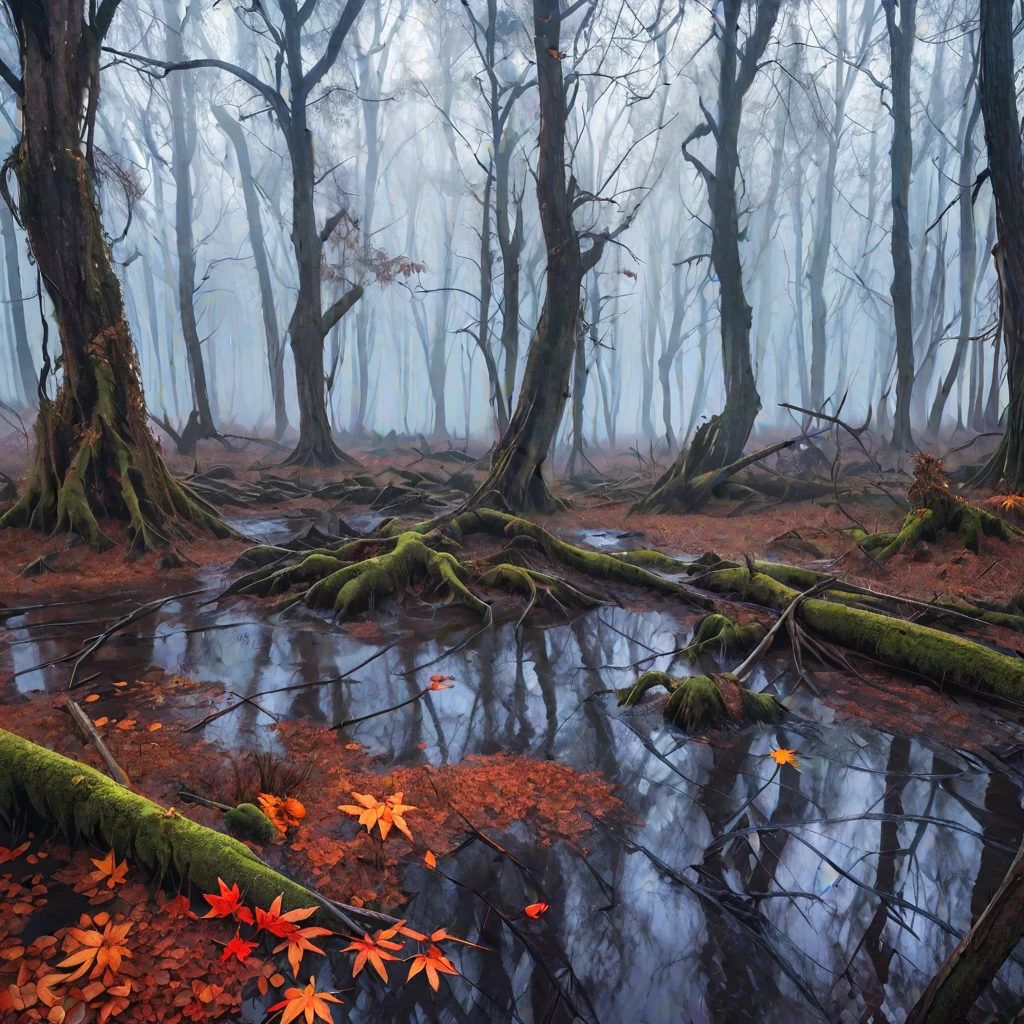 (masterpiece, best quality:1.2), forest, fog, autumn, cold, roots, old leaves, cursed forest, cold world, swamp, cold weather, wet weather, after rain, dead trees, leaves, dying nature