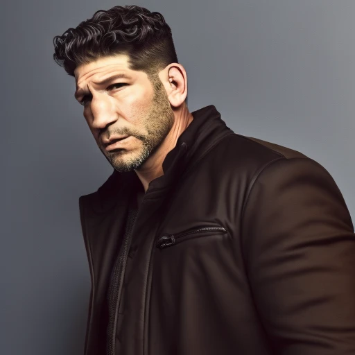 (masterpiece, best quality:1.2), Jon Bernthal, 1man, beard, black hair, black jacket, brown eyes
closed mouth, collared shirt
dress shirt, facial hair, formal, grey background, jacket, looking at viewer
male focus, manly, moustache, stubble , upper body