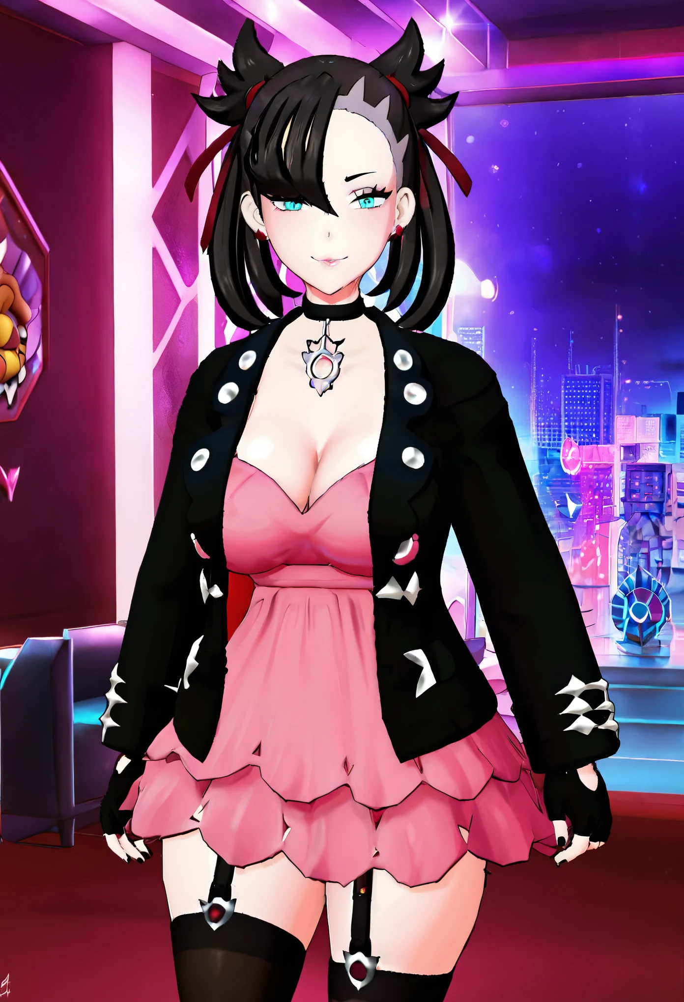 (8k, RAW photos, top quality, masterpiece: 1.2), (High Quality), ray tracing, HDR, (High Details), (Face detail), (Shadow Detail), 1girl, solo, Zentreya, 3d, 3d render, Marnie /(pokemon)/, black hair, blue eyes, cleavage, black jacket, large breasts, thick thighs, closed mouth, pink dress, garter straps, smug,